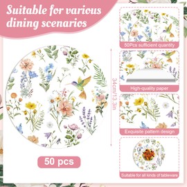 Paper Placemats Disposable 50 Pack Vintage Flower Bird Placemats 13.4 Inch Wildflower Place Mats Round Decorative Seasonal Floral Table Mats for Spring Summer Party Table Setting