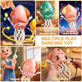 Magic Dancing Octopus Toy,Electric Crawling Octopus Tummy Time Toy,Electric Auto-Avoid Crawling Octopuss Rechargeable with LED & Music,Fishing Rod,Smart-Tentacle Explorer for Kids 3+(Yellow)