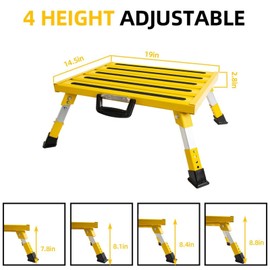 Homeon Wheels Aluminium RV Steps Adjustable Folding Step Stool with Non-Slip Rubber Feet, Stable Platform Supports 1500bs, Safety Strips, Handle, Easy Carry, Outdoor Camper Trailer Travel - Yellow
