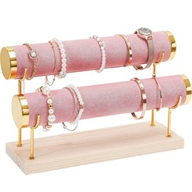ProCase Detachable Bracelet Holder Stand, Gold Bracelet Organizer for Selling, Velvet Wrap Bracelet Display Rack with Wooden Base for Bangles Scrunchies Watches - 2 Tier, Pink