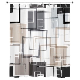 MEUNEAR Black and Tan Geometric Shower Curtain with Hooks, Grey and White Abstract Striped on White Fabric Shower Curtain for Bathroom Decor Modern Minimalist Shower Curtain Set,72L X 60W inches