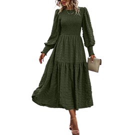 PRETTYGARDEN Women 2024 Puff Long Sleeve Crewneck Smocked Maxi Dress Solid Empire Waist Tiered A-line Swing Flowy Long Dress(Army Green,Small)