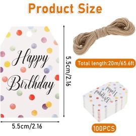 Hariendny Etiquetas de cumpleaños, 100 etiquetas de regalo de papel personalizadas con cuerda, multicolores con puntos de colores