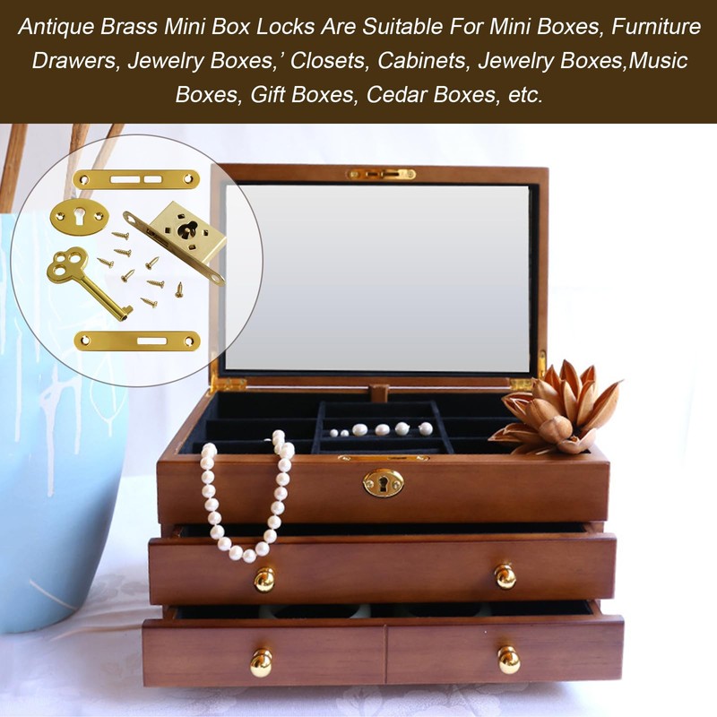 Antique Mini Lock Set for Jewelry Box, Cabinet - Decorative
