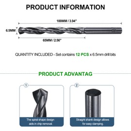 METALLIXITY Drill Bit (6.5mm) 12Pcs, 4241 High-Speed Steel Straight Shank Nitriding Black 118° for Wood Plastic Iron Copper Aluminum Low Soft Metal