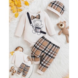 0-3 Months Baby Boy Clothes Newborn Boy Outfit Infant Romper Winter Fall Long Sleeve Little Bear Print Top Pants 3PC Clothing Set Cute Hat Apricot