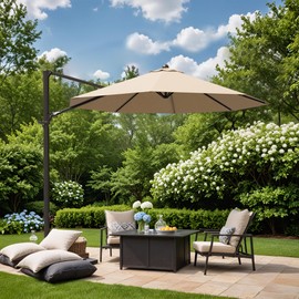 Greesum 10FT Outdoor Patio Umbrella with High Pedel and 4 Gear Heights, Large Offset Market Umbrella with 360-degree Rotation, Without Base, Hanging Outdoor Shade for Garden, Lawn, Pool, Brown