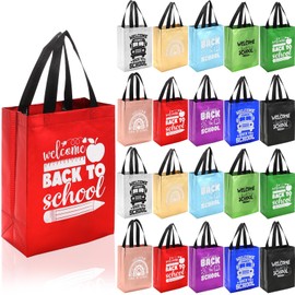 Sweetude 20 Pcs Back to School Gifts Bags Reusable with Handles First Day of School Glossy Reusable Goodie Treat Tote Bags Bulk for Teacher Students New Semester Classroom Party Supplies