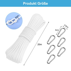 APOMOONS 20M Fahnenmast Zubehör Seile, 6mm Flaggenseil aus Starkem Polyester, Sonnensegel Seil, Rope für Bootsseil Zugseil Haus Außenbereich, Fahnenseil Wetterfest mit 6 Karabinerhaken (Weiß)