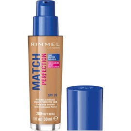Rimmel Match Perfection Foundation - 200 Soft Beige | Medium Coverage, 24HR Hydration, SPF 20, Lightweight & Flawless Finish