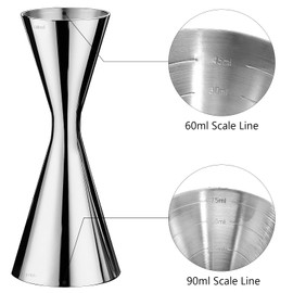 Cocktail Measuring Cup, Cocktail Jigger for Bartenders, Double Jigger with Inner Scale 60/90 ml, Integrated Scales 304 Stainless Steel Measuring Cup, Bar Measure Dual Spirit Measure Cup, for Bars and