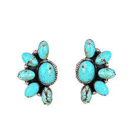 Western Earrings Boho Turquoise Oval Drop Dangle Earrings for Women Beaded Western Flower Teardrop Earrings Vintage Ethnic Alloy Pendant Jewelry Gift-Flower E