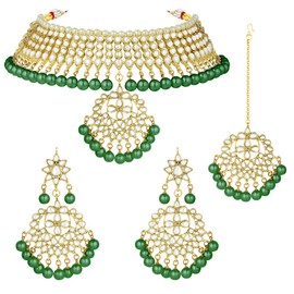 Aheli Faux Kundan Necklace Earrings Maang Tikka Green Set Indian Ethnic Wedding Fashion Jewelry Set Gift for Women