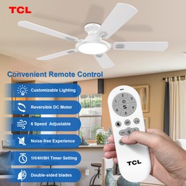 TCL Ceiling Fans with Lights, 52 Inch Low Profile Ceiling Fan with Light and Remote Control, Flush Mount, DC Reversible Motor, Noiseless, 6 Speeds Ceiling Fan for Bedroom (White)