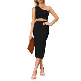Pink Queen Women's Cut Out Midi Dress Sleeveless One Shoulder Bodycon Slit Dress, black