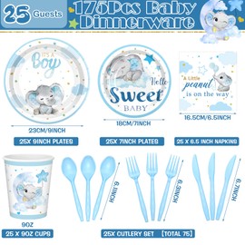 Sliner 175 Pcs Baby Shower Decorations Tableware Gender Reveal Party Supplies Serves 25 Include Paper Plates Napkins Cups Disposable Dinnerware Set for Baby Shower Birthday Party(Blue Elephant)