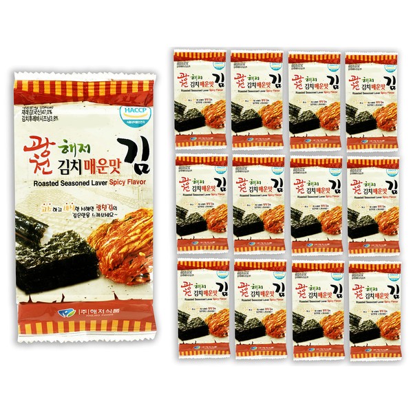 Korean Crispy Seasoned Seaweed Snacks Kimchi Spicy Sheets - 12 Individual Packs 100% Natural Laver 12 Pack Roasted Nori Snack Healthy Premium Gim by Unha's Asian Snack Box
