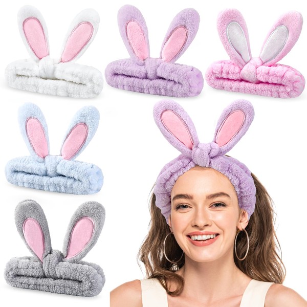Pack of 5 Cosmetic Hair Bands, Hair Band for Make-Up, Make-Up Headband for Women and Girls, Rabbit Ears Hair Band for Yoga, Sports, Spa, Beauty