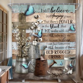MESHELLY Rustic Farmhouse Christian Shower Curtain 60Wx72H Bible Verse Butterfly Cross Scripture Inspirational Quotes Wood Board Bath Curtain Country Bathroom Decor with 12 Hooks