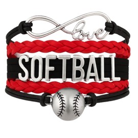 Infinity Collection Love Softball Bracelet – Red & Black Faux Leather Braided Wrap Bracelet with Softball Charm – Adjustable Fit – Sports Jewelry Gift