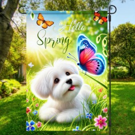 BlissYard Spring Garden Flag 12x18 Inch Double Sided Dog Butterfly Small Flags For Outside Outdoor Decor Yard Farmhouse Holiday Spring Summer Seasonal Decorations Yard Flags