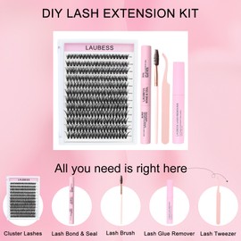 Cluster Lashes Kit LAUBESS DIY Eyelash Extension Kit Lash Clusters Individual Lashes with Bond and Seal Lash Remover Tweezers Brush (Set 40D-0.07D-9-16Mix)
