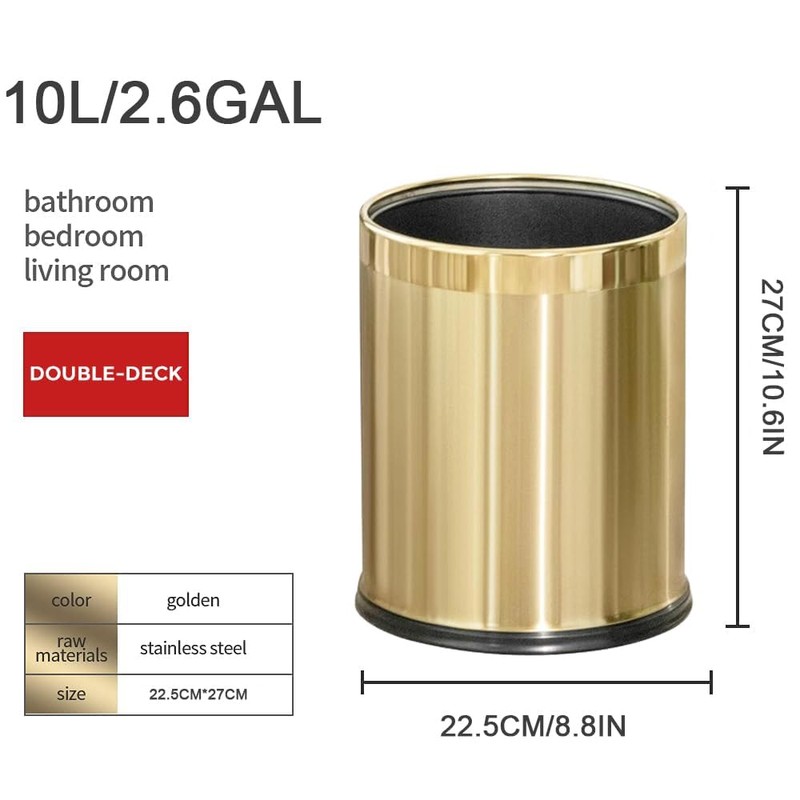 LEASYLIFE 2.6Gallon/10L Brass Bathroom Trash Can，Brushed Gold Bathroom Waste Basket，Golden