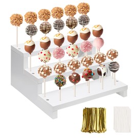 KHayRovies Wood Cake Pop Stand, 3 Tier White 33 Holes Lollipop Display Holder with Twist Ties Lollipop Sticks, Cupcake Dessert Display Stand Riser for Table of Wedding Birthday Party Christmas Day (A)
