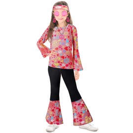 IWALUE 60s 70s Outfits Hippie Kid Girls Costume Set Disco Stylish Boho Flared Pants Accessories Set（Pink,7-8 Years）