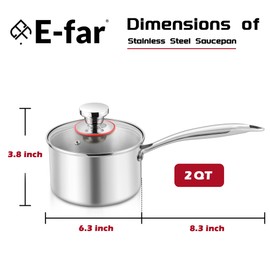 E-far 2-Quart Saucepan, Tri-Ply Stainless Steel Sauce Pan with Glass Lid, Small Cooking Induction Pot Compatible with All Cooktops, Non Toxic, Oven & Dishwasher Safe
