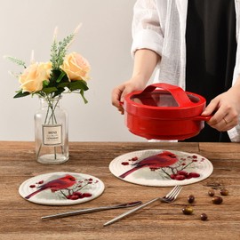 Naanle 2 Pcs Beautiful Berry Branch Cardinal Christmas Round Woven Pot Holders Trivets Set, Cotton Coasters Placemats for Cooking Baking Hot Dish Pan Pot Bowl Teapot(7&9 Inches Diameter)