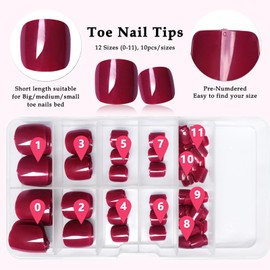 AddFavor 240pc Press on Toenails Burgundy Red Toe Nail Press ons Short Square Fake Toe Nails Glue Press on Toenails for Women Foot Manicure