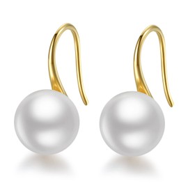 Pearl Earrings For Women, 925 Sterling Silver Freshwater Cultured Pearl Drop Dangle Hook Earring Jewellery (Yellow Gold Plated Sterling Silver,8.5-9.0mm)