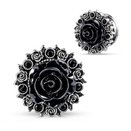 COOEAR Stainless Steel Ear Gauges Flesh Tunnels, Scew Back Black Rose flower Plugs, Upgrade Expander Earrings Stretchers 00G.