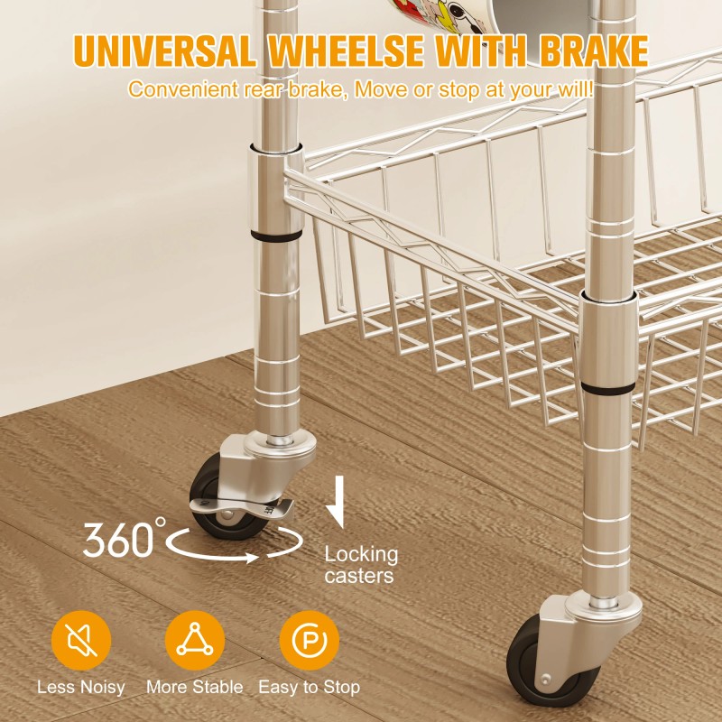3-Tier Rolling Kitchen Storage Cart with Adjustable Wire Baskets Mobile