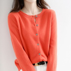 zuevi Women's Cardigan, Crew Neck, Sweater, Knit, Long Sleeve, Solid, Spring, Autumn and Winter, orange