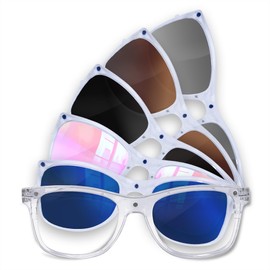 GloFX Snaps: Magnetic Sunglasses Set – Clear Frame with Blue/Pink Mirrored & Black/Brown/Gray Polarized Lenses – 100% UV Protection – Trendy Sunglasses for Women & Men