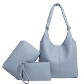 Vegan Leather Hobo Purses set, Slouchy Shoulder Bag Knotted Hobo Bags for Women with a small Purse and Clutch Handbag (Blue)