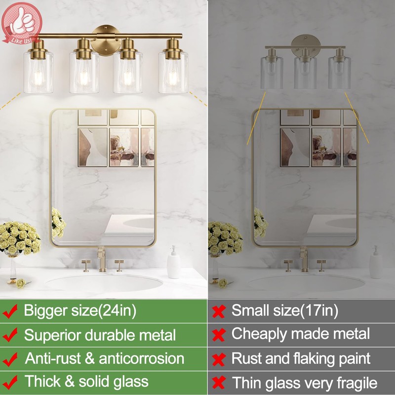 Zarbitta 4-Light Bathroom Light Fixtures, Brushed Brass Modern Vanity Lights