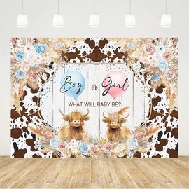 AIBIIN 7x5ft Highland Cattle Gender Reveal Backdrop Boy Or Girl He Or She What Will Baby Be Oh Baby Shower Party Decorations Holy Cow Boho Floral Farm Cow Photography Background Banner Photo Props