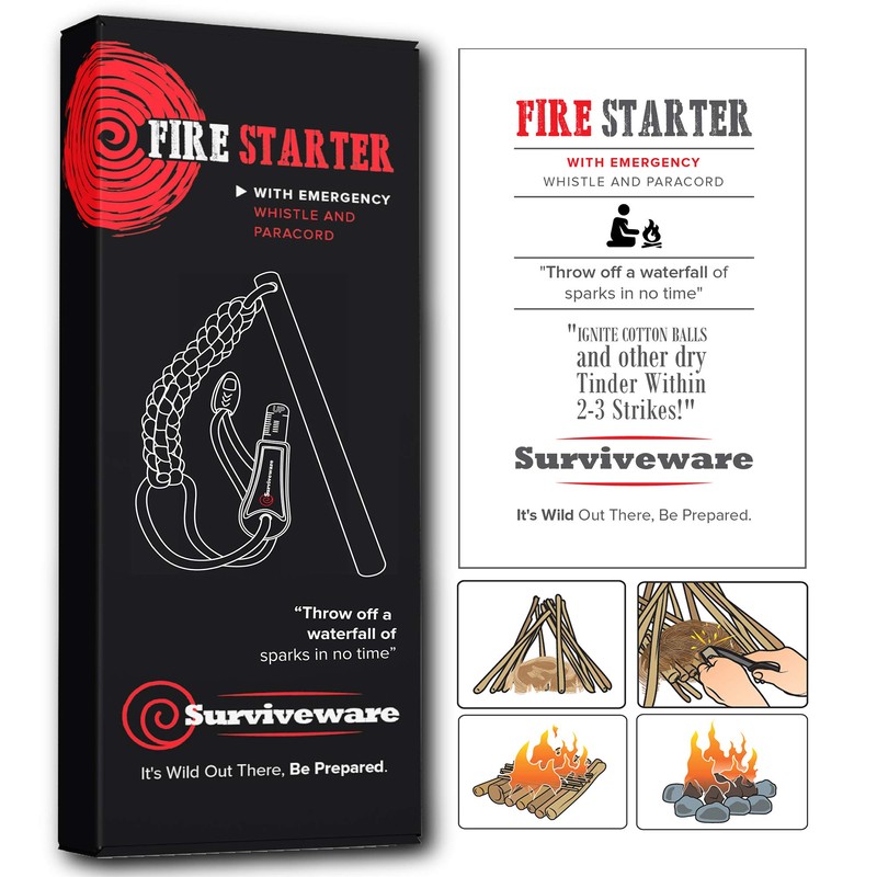 Surviveware Survival Fire Starter with Emergency Whistle, Paracord Handle, and