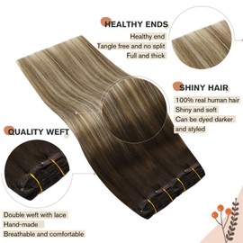Ugeat Balayage Hair Extensions Clip in Human Hair 18inch Dark Brown to Medium Brown Ombre Blonde Clip in Real Hair Extensions 120Grams 7Pcs Clip ins Invisible Human Hair Extensions #4/6/613
