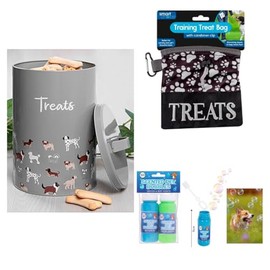 Pet Treat Bundle Set: Treat Storage Tin, Training Treat Bag & Scented Bubbles for play - Perfect for Dogs!
