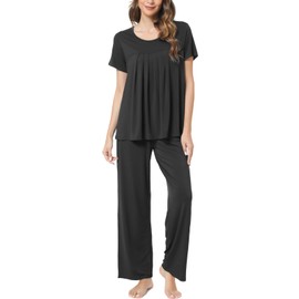 GYS Pajamas Set for Women Soft Crew Neck Sleepwear Short Sleeve Top with Pants Stretchy Pj Lounge Sets, Black, Medium