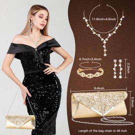 Soleebee 5 Pcs Purse Rhinestones Jewelry Set for Women Rhinestones Necklace Bracelet Earrings Bling Clutch Purse Bride Prom Evening Jewelry Set (Gold)