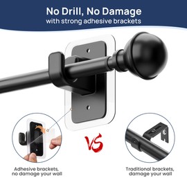 ENJOYBASICS No Drill Curtain Rods for Window 28 to 60 Inches, 5/8 Inch Diameter Renter Friendly Drapery Rod with Adhesive Brackets without Drilling, Adjustable from 27 to 65 Inches, Black