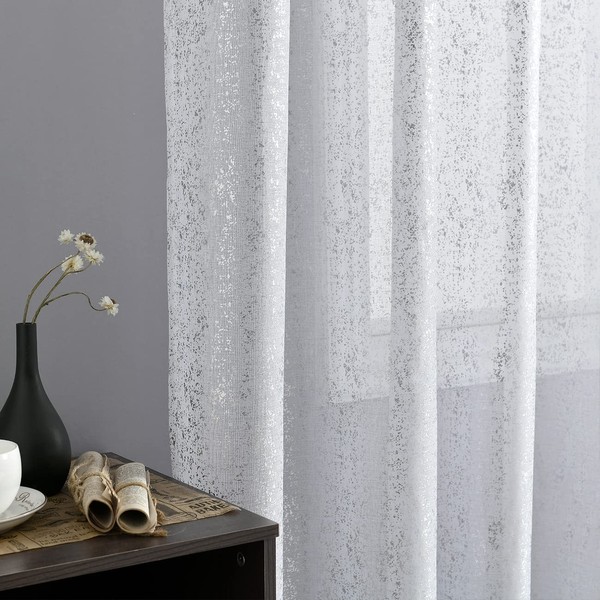 CYOIDAI White Silver Sheer Curtains 84 Inch Length - Metallic Silver Sparkle Curtains for Living Room, Glam Sparkle Grommet White Sheer Curtains for Window, 52 x 84 Inch, 2 Panels, White Silver
