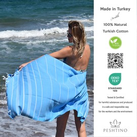 PESHTINO Turkish Beach Towel, 100% Cotton, 38x71 inch, Quick Dry, Thin, Lightweight, Soft, Sand Free, Compact Towels for Beach, Pool, Bathroom, Spa, Yoga, Picnic and Travel (Turquoise)