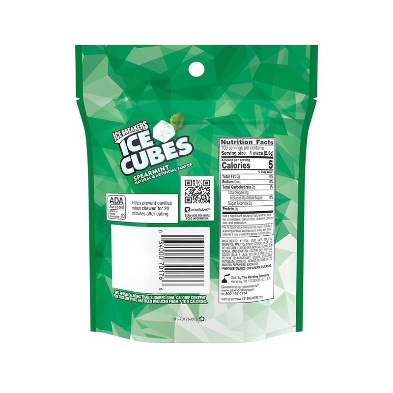 ICE BREAKERS Spearmint Cubes Sugar Free Chewing Gum Pouch, 8.11