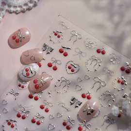 Cherry Nail Art Stickers Summer Cherry Nail Stickers 5D Embossed Gold Cherries Bow Pearl Chain Exquisite Design Self-Adhesive Jelly Nail Decals for Women DIY Manicure Nail Art Decorations Supplies